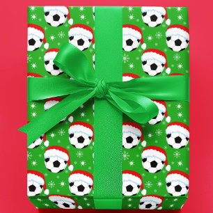 Papel De Presente Bola de Futebol Vestindo Chapéu do Papai Noel & Fl