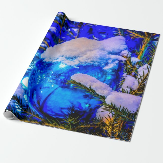 Papel De Presente Bola de Natal Azul, Neve (Desenrolado)