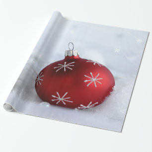 Papel De Presente Bola de Natal Vermelha com Flocos de Neve