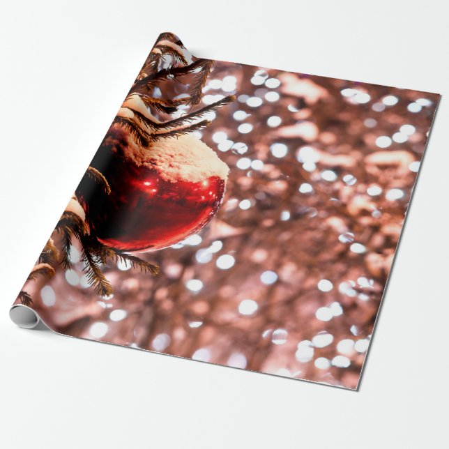 Papel De Presente Bola vermelha, luzes brancas, neve (Desenrolado)