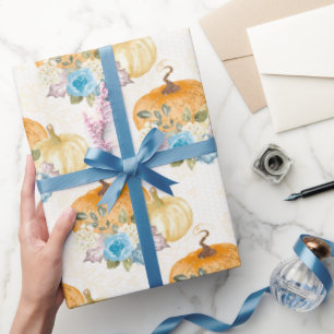 Papel De Presente Bolachas Laranja e Flores Azuis no Ação de Graças