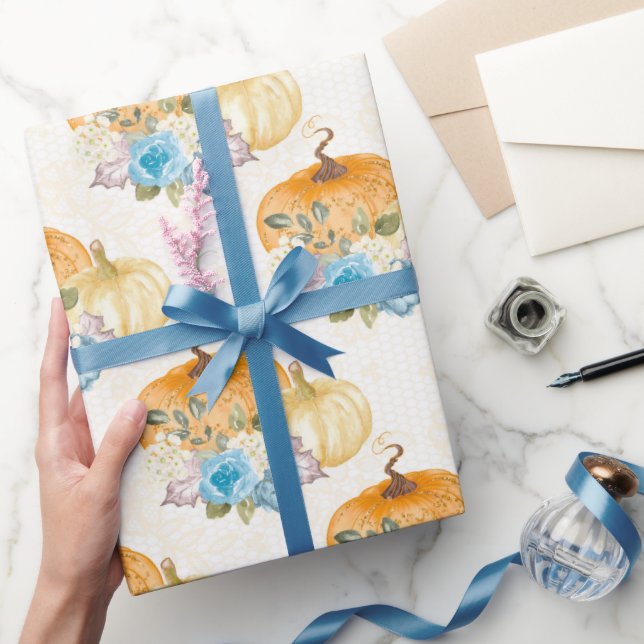 Papel De Presente Bolachas Laranja e Flores Azuis no Ação de Graças (Presentear)