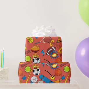 Papel De Presente Bolas Atléticas Esportivas de Quadrinhos Retrô