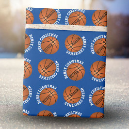 Papel De Presente Bolas de Basquete Crianças Nome Azul Feliz Natal 