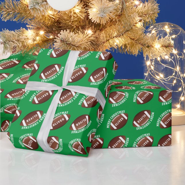 Papel De Presente Bolas de Futebol Americano Nome Verde Natal  (Feriados)