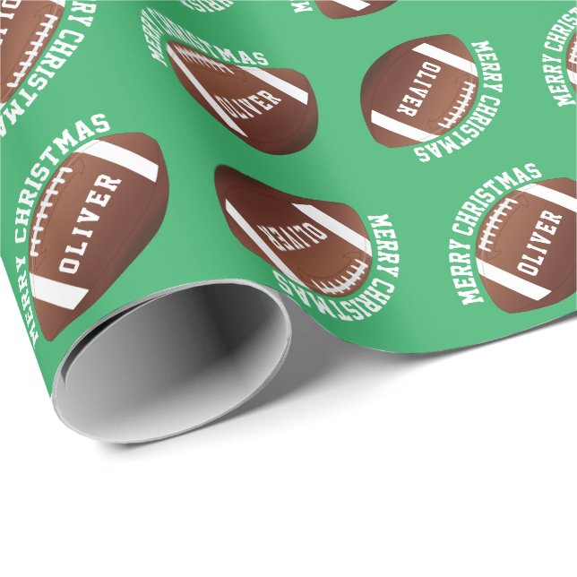 Papel De Presente Bolas de Futebol Americano Nome Verde Natal  (Ponta do rolo)