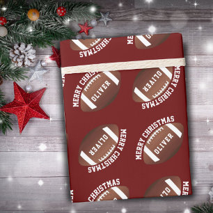 Papel De Presente Bolas de Futebol Americano Nome Vermelho Natal 