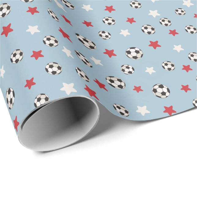 Papel De Presente Bolas de Futebol de Natal Vermelhas Azuis Estrelas (Ponta do rolo)
