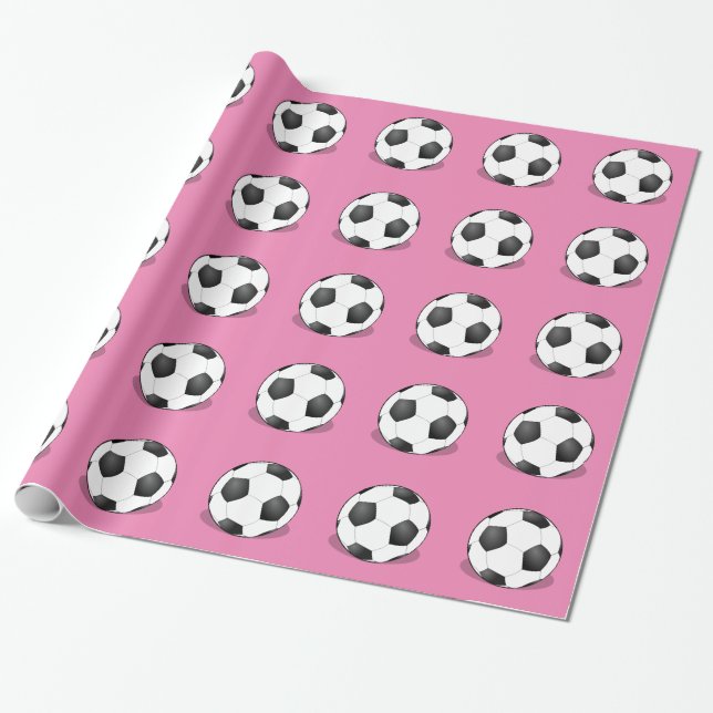 Papel De Presente Bolas De Futebol Em Fundo Rosa (Desenrolado)