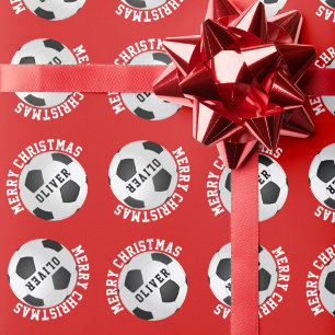Papel De Presente Bolas de Futebol para Crianças Nome Vermelho Natal