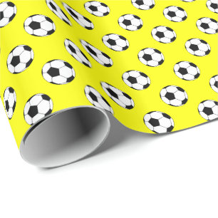 Papel De Presente Bolas de Futebol Preto/Branco em Amarelo