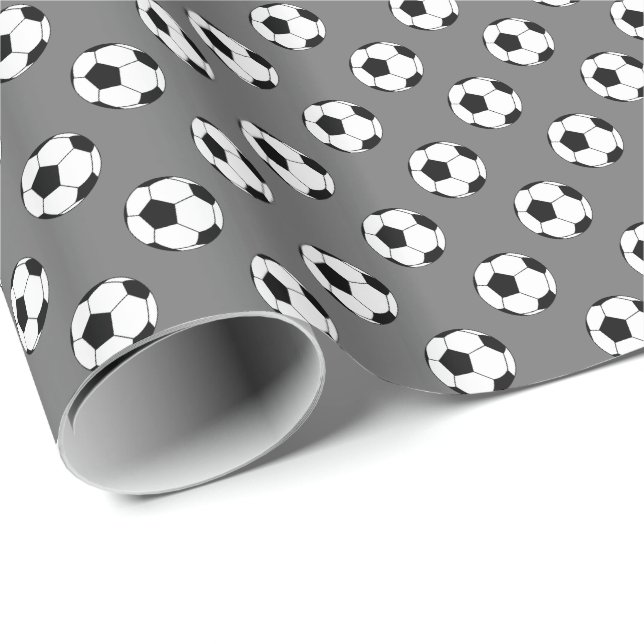 Papel De Presente Bolas de Futebol Preto/Branco em Cinza (Ponta do rolo)