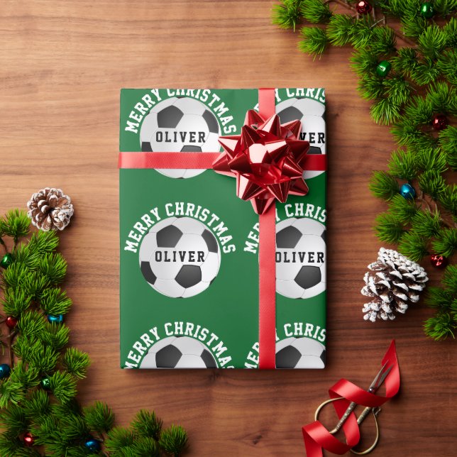 Papel De Presente Bolas de Futebol Verde para Crianças Nome Natal  (Presente de Natal)