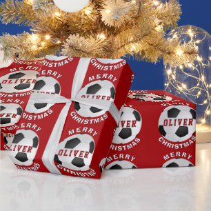 Papel De Presente Bolas de Futebol Vermelhas para Crianças Natal