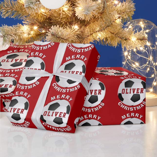 Papel De Presente Bolas de Futebol Vermelhas para Crianças Natal (Feriados)