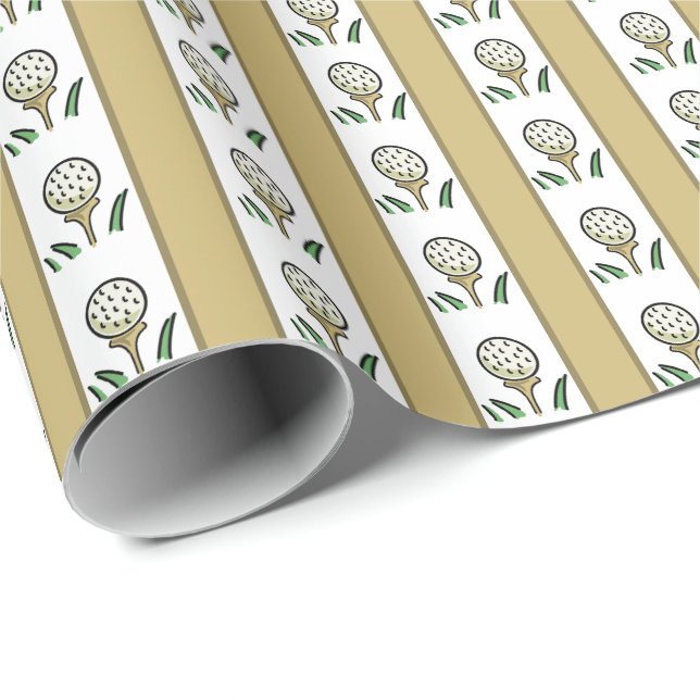 Papel De Presente Bolas de Golfe no Tee Dourado e Branco (Ponta do rolo)