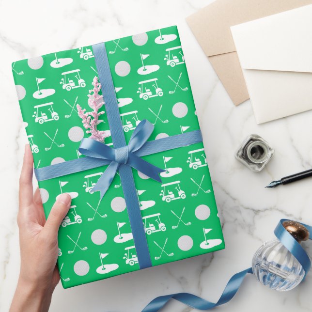 Papel De Presente Bolas de Golfe Verde e Branco, Carrinhos e Cluster (Presentear)