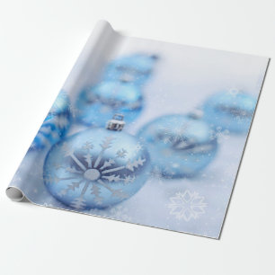 Papel De Presente Bolas de Natal Azuis Flocos de Neve Feriado