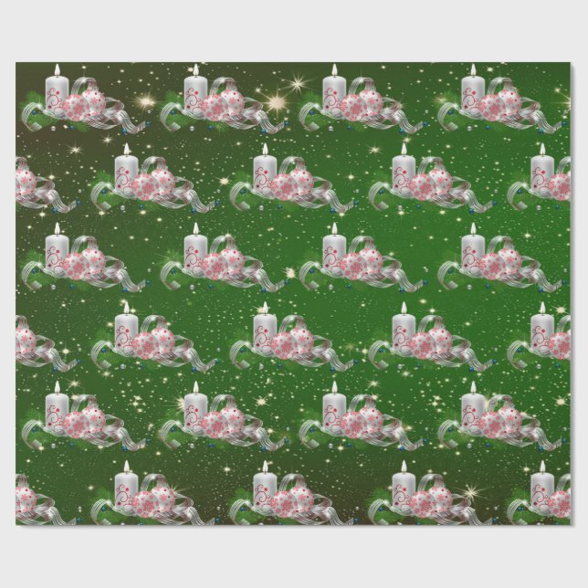 Papel De Presente Bolas de Natal, Velas Feriado Verde (Aberto)
