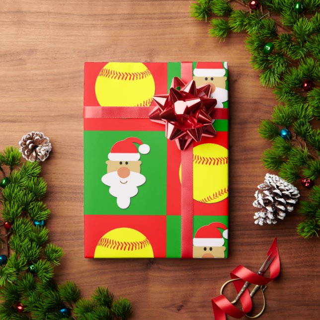 Papel De Presente Bolas de Softball e Papais noeis Apertam o Natal (Presente de Natal)