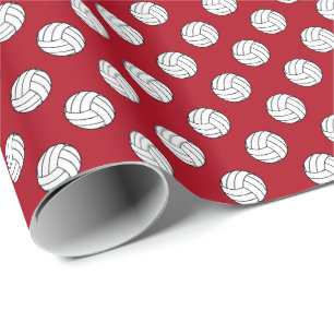 Papel De Presente Bolas de Volei Preto/Branco em Vermelho Escuro