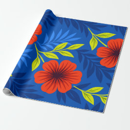 Papel De Presente Bold Vermilion Red Florals with Elegant Leaves