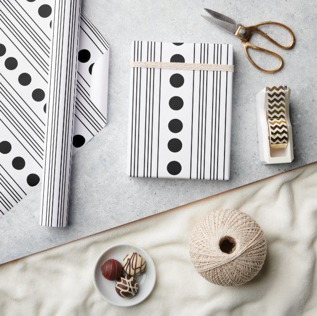 Papel De Presente Bolinhas e faixas brancas e pretas modernas (Artesanato)