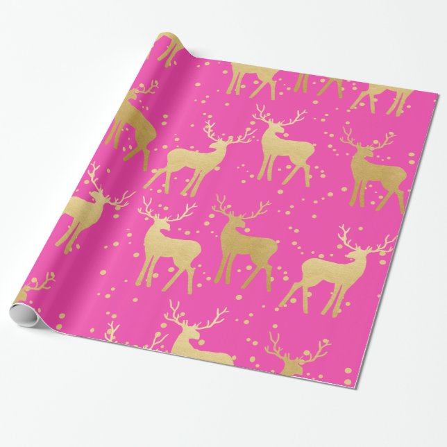 Papel De Presente Bolinhas Rosa Elegante com Reindeer Dourada (Desenrolado)