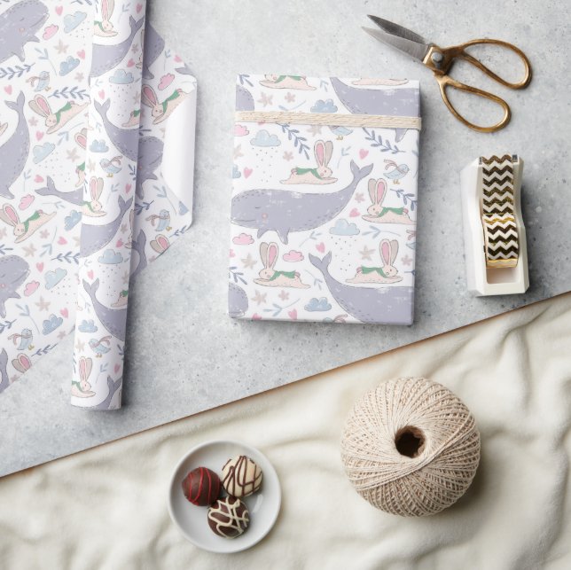 Papel De Presente Bolinhos Doce e Baleias com Botânica (Artesanato)