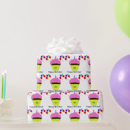 Papel De Presente Bolo de 1º Aniversário Balões de Cupcake Rosa QUAL
