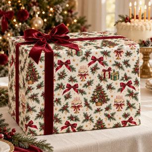 Papel De Presente Bolo de Aniversário de Natal Laço Borgonha Embrulh