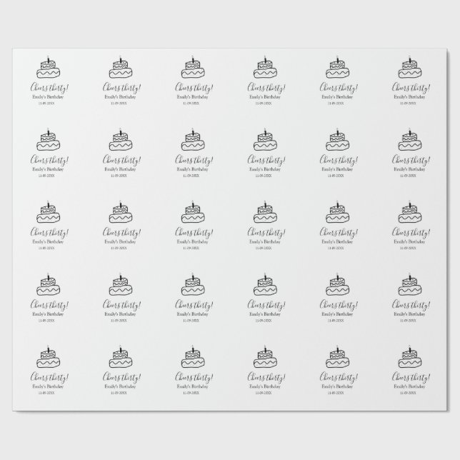 Papel De Presente Bolo de aniversário de trinta anos com rabiscos pr (Aberto)