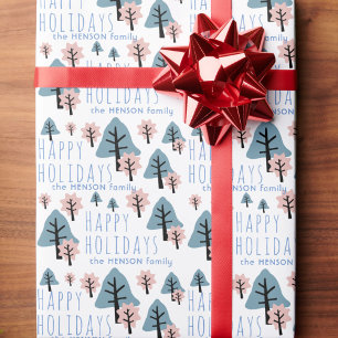 Papel De Presente Bolo de Natal Árvores Estrela Sino Azul Rosa Paste
