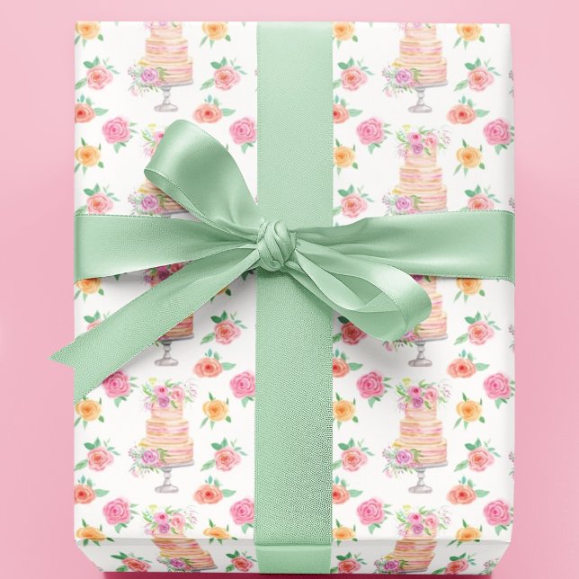 Papel De Presente Bolo Empilhado em Aquarela Chic Com Padrão de Rosa (Criador carregado)
