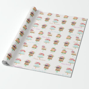 Papel De Presente Bolos de Aniversário com Aquarela Floral