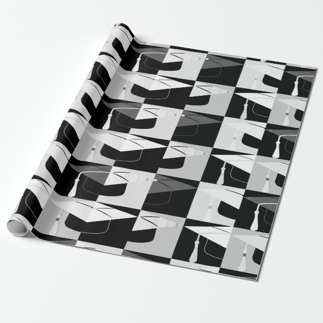 Papel De Presente Boné de formatura gráfico moderno preto branco (Desenrolado)