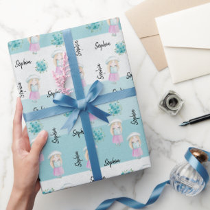 Papel De Presente Boneca Bonita Aquarela Pintada à Mão Monogramada