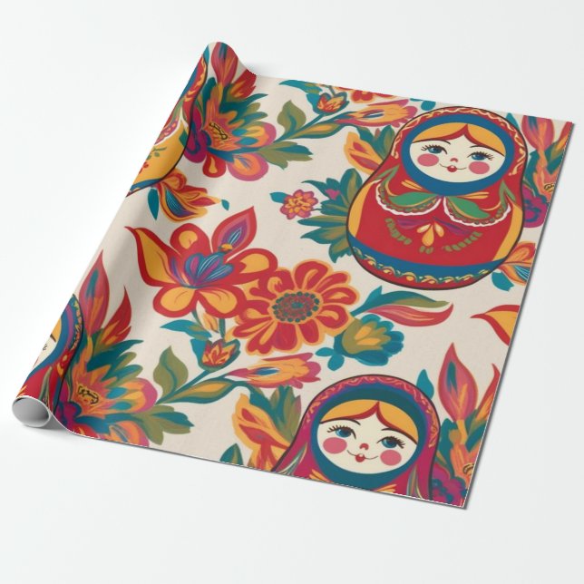 Papel De Presente Bonecas Russas Matryoshka Floral Decoupage (Desenrolado)
