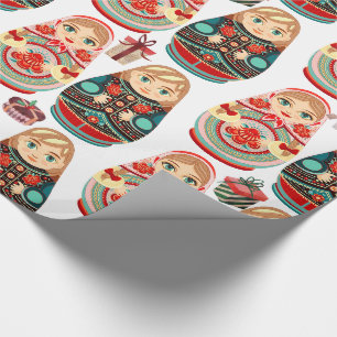 Papel De Presente Bonecas Russas Matryoshka Sr & Sra rosa azul marin