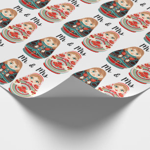 Papel De Presente Bonecas Russas Matryoshka Sr & Sra rosa azul marin