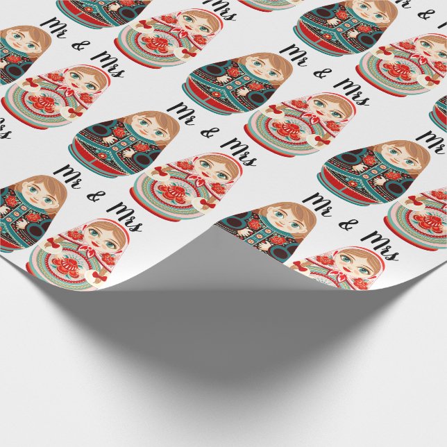 Papel De Presente Bonecas Russas Matryoshka Sr & Sra rosa azul marin (Ponta)
