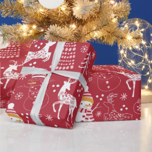 Papel De Presente Boneco de Neve, Árvore de Natal e Veado, Vermelho