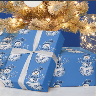 Papel De Presente Boneco de Neve Azul Alegre Branco Feliz