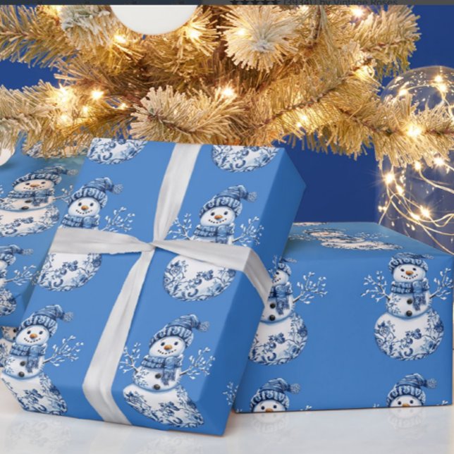 Papel De Presente Boneco de Neve Azul Alegre Branco Feliz  (Happy jolly snowmen!)