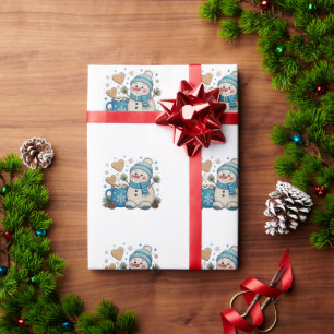 Papel De Presente Boneco de Neve Azul de Natal Inverno Cacau Quente 