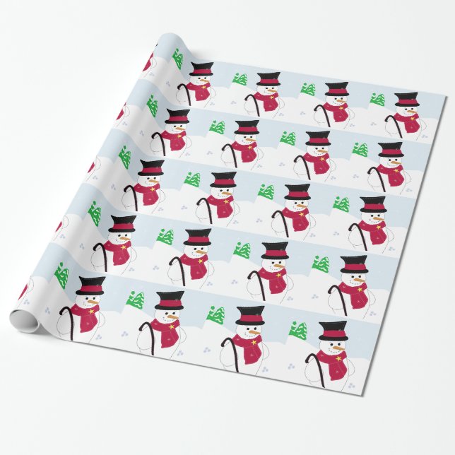 Papel De Presente Boneco de Neve com Cartola e Bengala (Desenrolado)