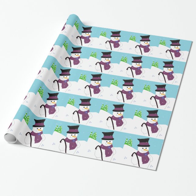 Papel De Presente Boneco de Neve com Cartola e Bengala (Desenrolado)