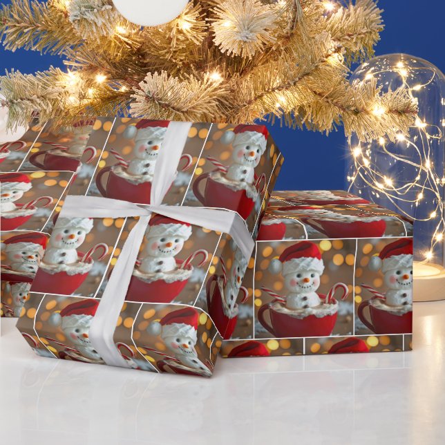 Papel De Presente Boneco de Neve de Marshmallow em Chocolate Quente (Feriados)