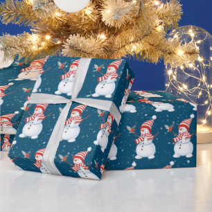 Papel De Presente Boneco de Neve de Natal com Pássaro   