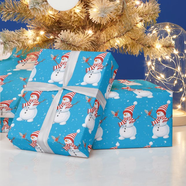 Papel De Presente Boneco de Neve de Natal com Pássaro em Aqua (Feriados)